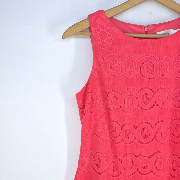 Eliza J Coral Sleeveless Lace Sheath Dress Womens 8 Scallop Hem Textured Overlay - Picture 10 of 16